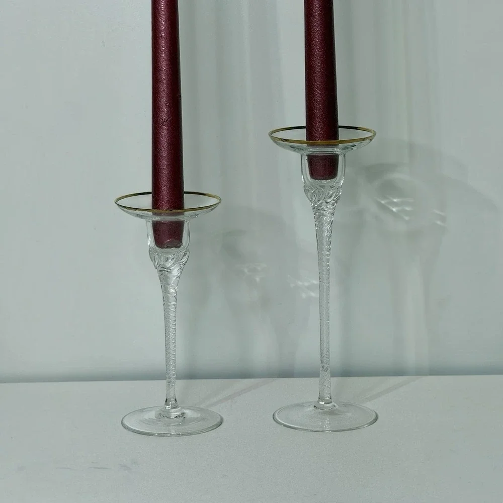 Crystal 2 Tier Tall Candlestick Holders Gold Rim Twisted Stem 8